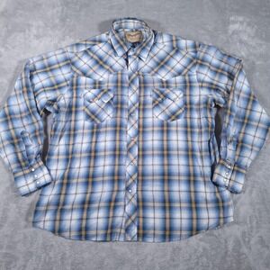 Vintage Wrangler Shirt Mens XL Blue Western Pearl Snap Plaid Long Sleeve 70s